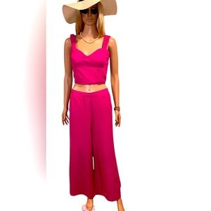 Midnight Sky 2 piece set Linen Blend Pink Crop Top Matching Flared Pants Large